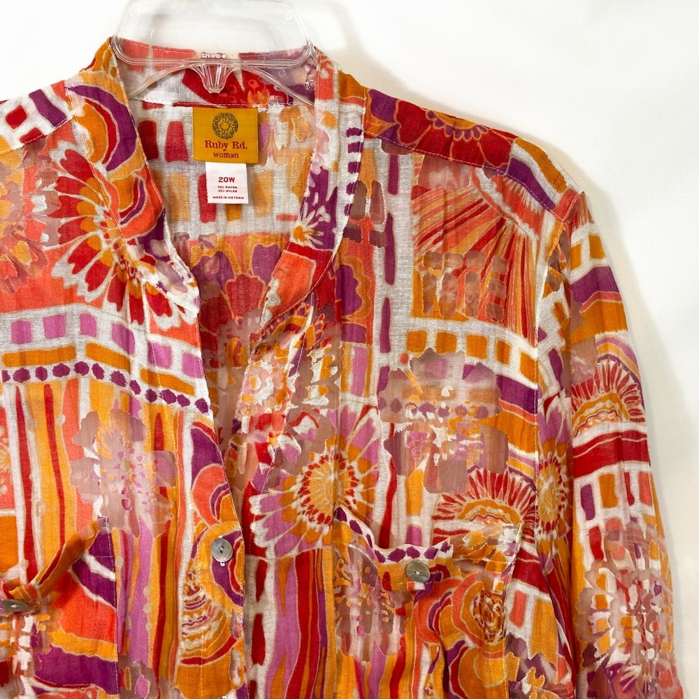 Ruby Rd Plus Size 20W Top Orange Pink Burnout Artsy Summer Coastal Vibrant 1030 - Picture 4 of 9